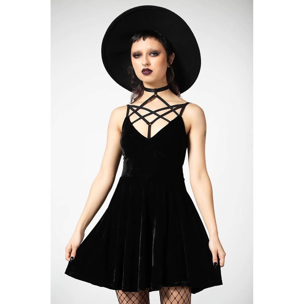 Killstar Black Strappy Velvet Mini Dress